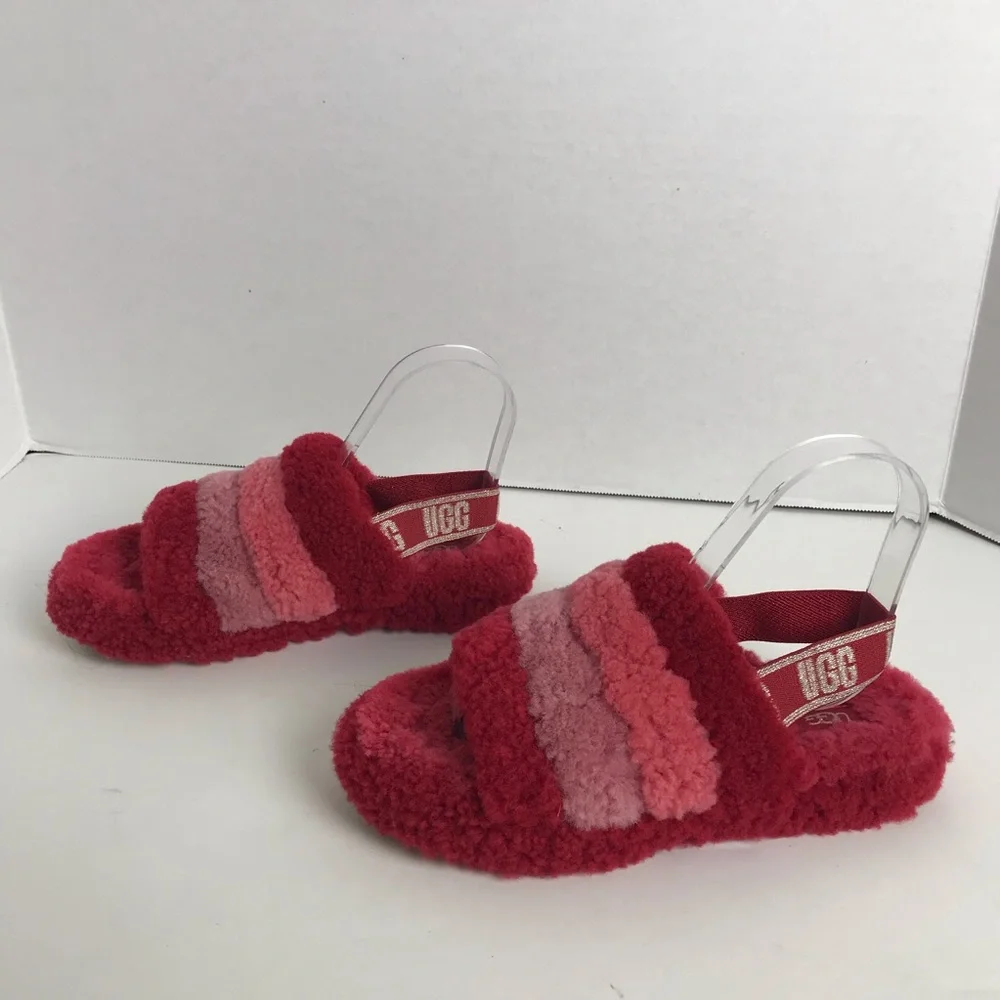Ugg Fluff Yeah Red Pink Striped Slingback Slippers Girls Size 4 Loungewear Comfy